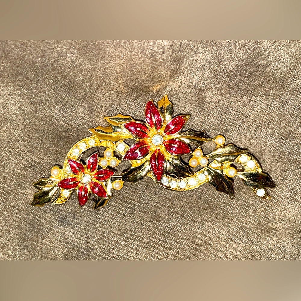 Vintage Avon Gold Tone Brooch Pin Red Enamel Flowers Faux Seed Rhinestone Pearl